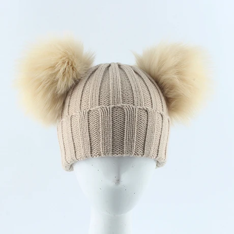 Бежевый New Winter Hats For Girls Boys Fox Fur Pompom Hat Baby Kids Beanie Double Pompom Fur Hat Children Knitting Hat Skullies - Цвет: Бежевый