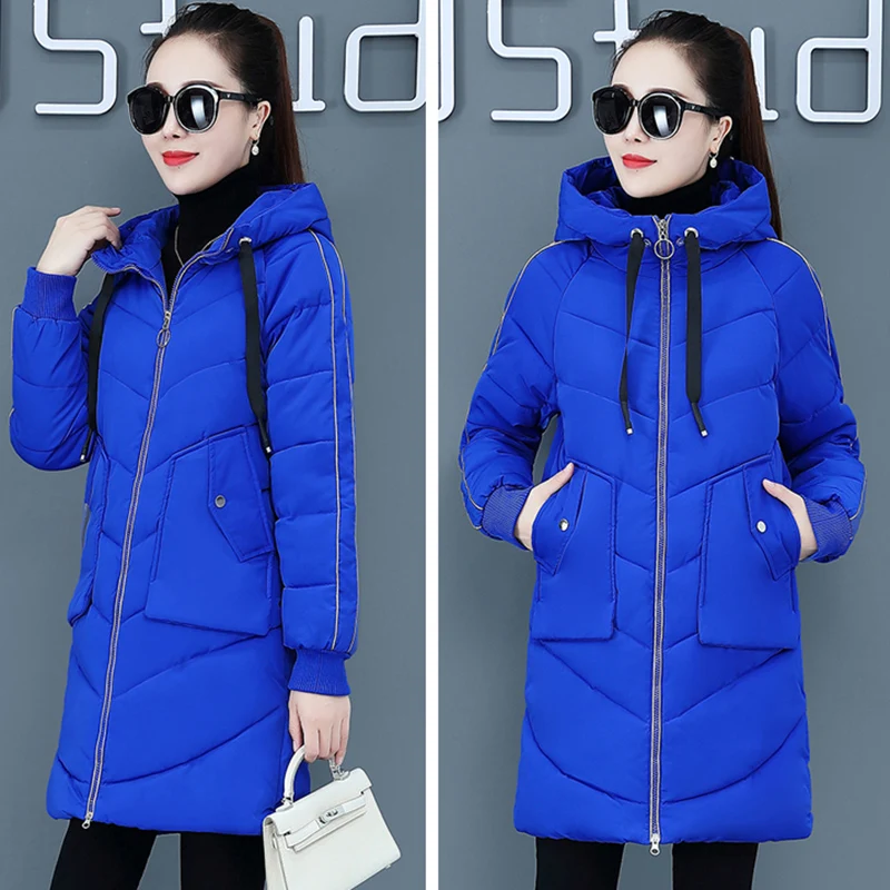 Зимние женские большие размеры модные хлопковые пуховики с капюшоном средней длины парки теплые куртки женские зимние пальто Верхняя одежда K1035 - Цвет: blue