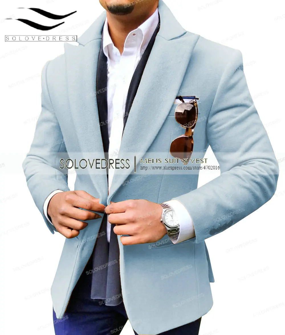 Коричневый пиджак для мужчин, для отдыха, шерсть, твид, балзер, формальный, нотч, с отворотом, Бизнес Стиль, приталенный смокинг, Женихи, для мужчин, зимнее пальто - Цвет: Ice Blue