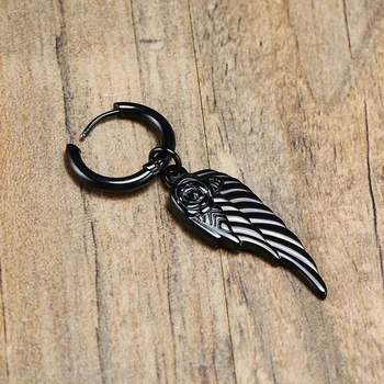 Brinco masculino aço inoxidável preto argola com asa do anjo