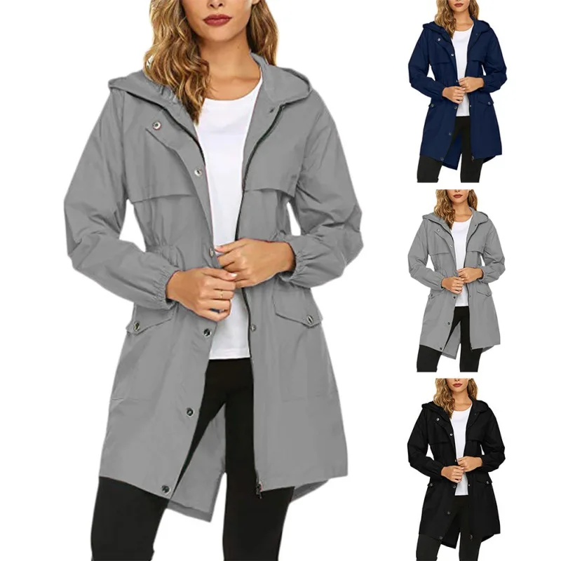 

Women Hooded Trench Coat Waterproof Raincoat Ladies Outdoor Wind Rain Zipper Hiking Windbreaker Jacket*