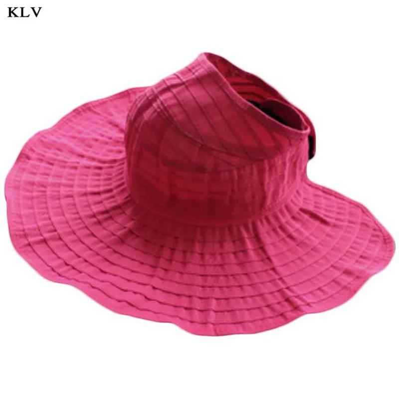 Rose Red Женская летняя свободная Складная плиссированная шляпа от солнца с козырьком, одноцветная, с широкими полями, дышащая сетка, анти-УФ, пляжная кепка с ремешком для подбородка - Цвет: Rose Red