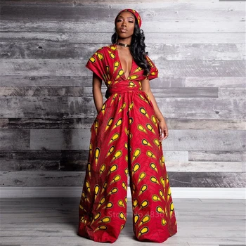 

2020 News African Clothes Ladies Jumpsuit Feather Wide Leg Pants Fashion Trousers African Dresses for Women Robe Bandage Wear