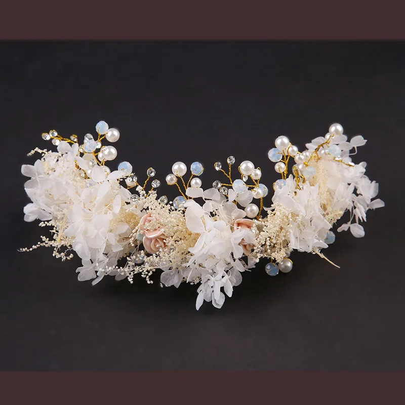 

Immortal Handmade Man-made Diamond Crystal Headband Dried Flower Flower Garland Hair Band Bride Marriage Yarn Formal Dress Headd