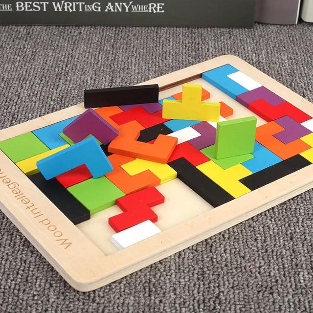 Colorful 3D Puzzle Wooden Tangram Math Toys Tetris Game Children Pre-school Magination Intellectual Educational Toy for Kids 4