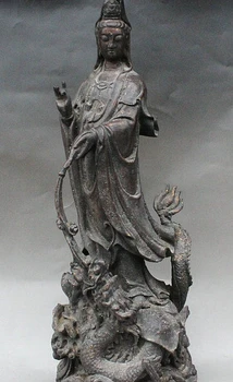 

zm 23 China Buddhism Temple Old Bronze Stand Dragon Guanyin Kwan-yin Buddha Statue
