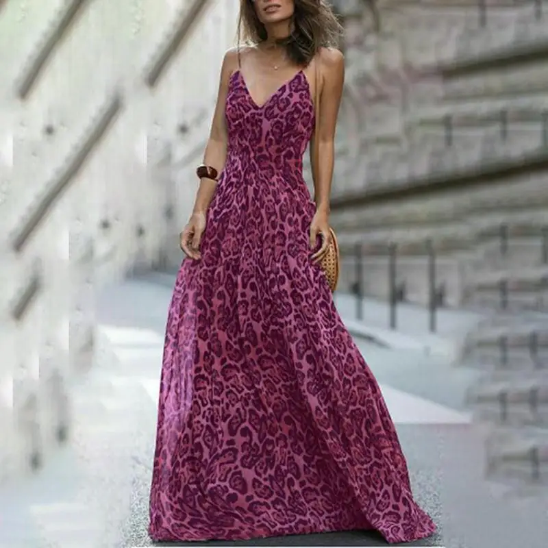 

Nice Summer Women Leopard Print Maxi Dress Sexy Club V-Neck Floor-Length Long Dresses Evening Sleeveless Chiffon Dress
