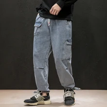 Прямые поставки, черные, синие джинсы, Мужские Стрейчевые штаны для бега, Японская уличная одежда, мужские мешковатые джинсовые штаны, Осенние, зимние брюки 5XL