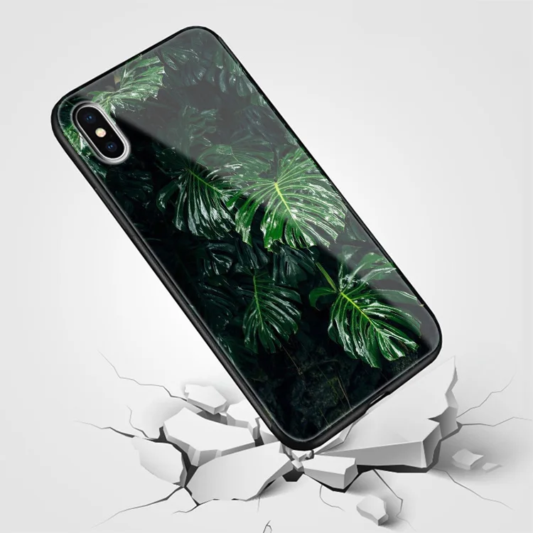 Зеленые тропические Листья Лист закаленное стекло крышка Мягкий силиконовый чехол для телефона оболочка для iPhone 6 6s 7 8 Plus X XR XS 11 pro MAX