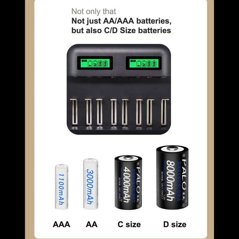 8 слотов Интеллектуальный ЖК-дисплей USB зарядное устройство для AA AAA C D Размер батареи