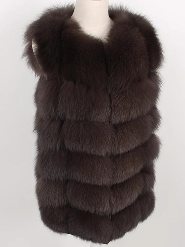 Из натурального Лисьего меховая жилетка, куртка, жилет с коротким рукавов Vestwoman зимние теплые натуральный жилет на натуральном меху Меховая куртка лисий мех пальто - Цвет: Dark brown