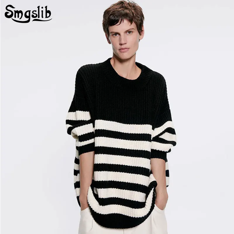 

2019 Autumn Winter Women sweaters O-neck elegant loose vintage Long Sleeve striped oversize simple casual soft tops Pullovers
