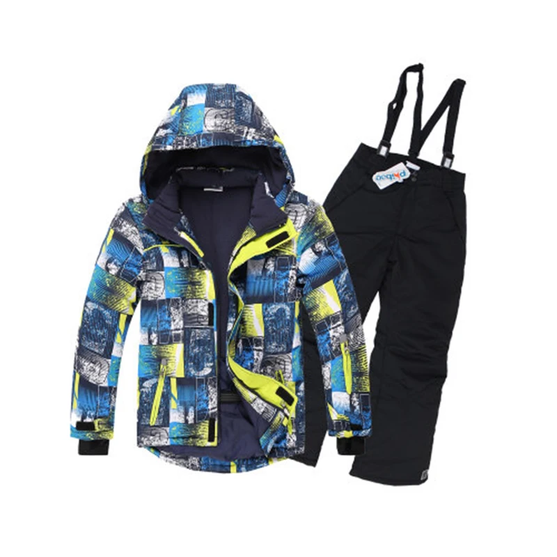 Phibee лыжный костюм одежда для маленьких мальчиков теплые водонепроницаемые ветроустойчивый сноуборд комплекты зимняя куртка детская одежда для детей - Цвет: Black