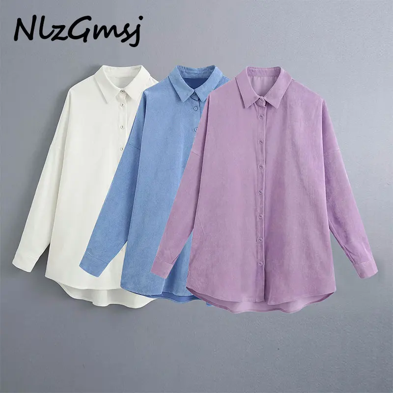 Nlzgmsj Za Women 2020 Fashion Oversized Corduroy Asymmetric Blouses Vintage Long Sleeve Button-up Loose Female Shirts Chic Tops | Женская