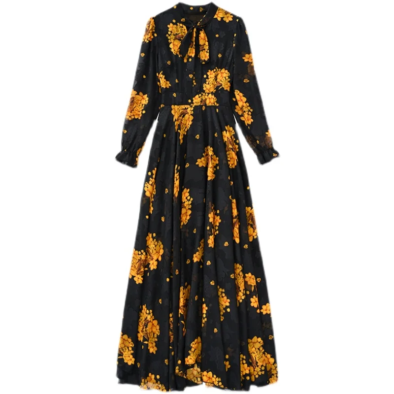 2021 New Spring And Autumn Dress Black And White Apricot Print Long Skirt High Quality Oversized Flower Long Sleeve Women's Chif