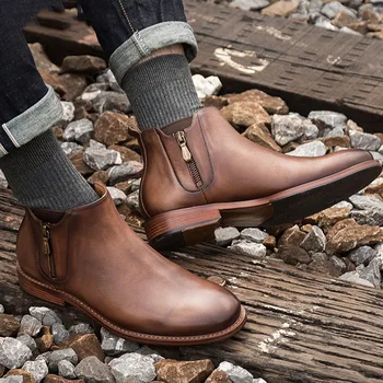 

New Men Martins Boots Leather Slip-on Ankle Boots Handmade Fashion Men Booties High Quality Zipper Chelsea Boots