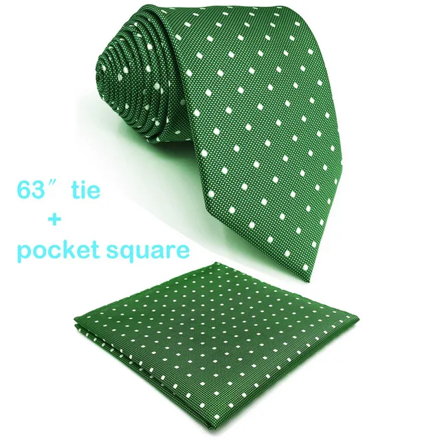 E21 Green Polka Dots Silk Mens Necktie Set Classic Fashion Ties for Male Brand New Accessory Hanky Extra Long Size Extra Long Tie Set