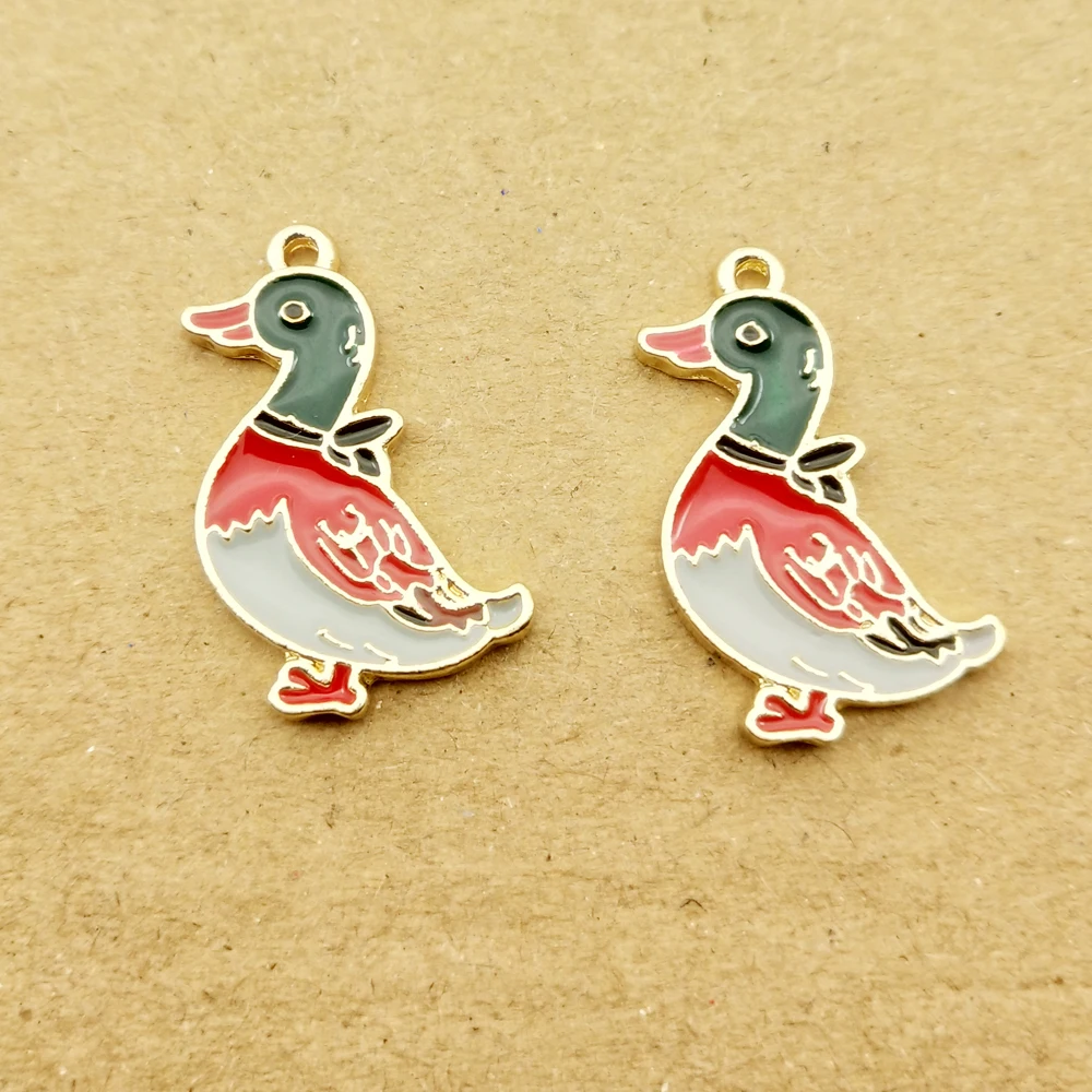Set of 10 Gold-Plated Enamel Duck Charms