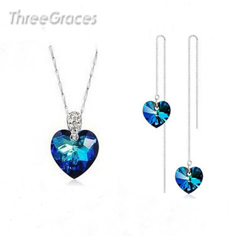 

ThreeGraces Silver Color Sea Blue Heart Swa Element Crystal Pendant Necklace Earrings Fashion Jewelry Sets For Lover JS207