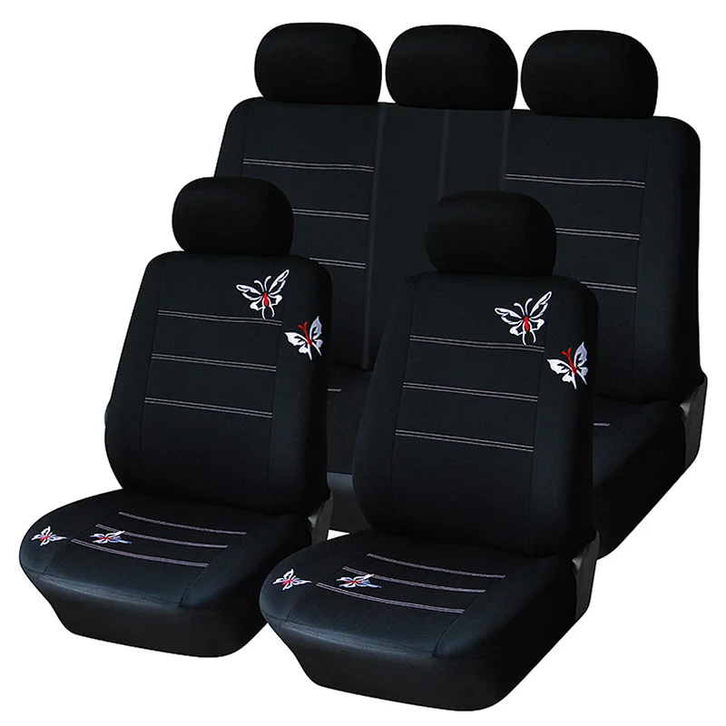 

9pcs Butterfly Embroidered Car Seat Cover Set Universal Black Auto 5 Seats Covers Car Accessories Interior for Girls Woman