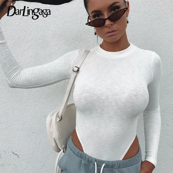 

Darlingaga Casual White Skinny Long Sleeve Bodysuit Women Sheer Body Solid Basic Ribbed Bodycon Jumpsuit Bodysuits Autumn Bodies