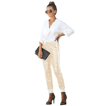 

Gold Sequin PU Leather Patchwork Pants High Waist Drawstring Trousers