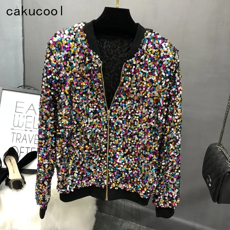 Cakucool цветная расшитая блестками куртка Весенняя украшенная бейсбольная куртка-бомбер вечерние куртки на молнии