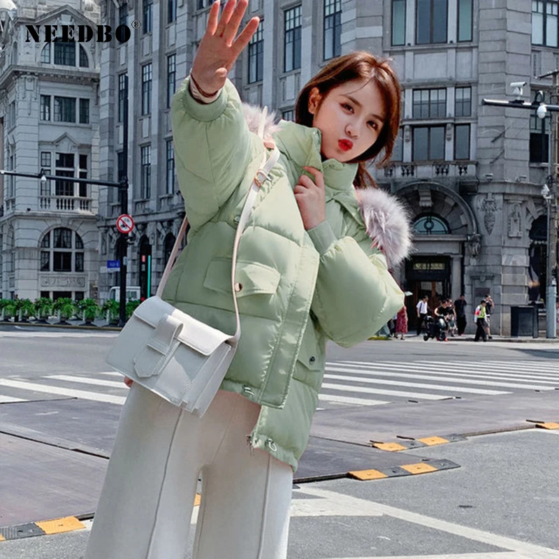 Koop NEEDBO Down Jas Winter Oversize Bontkraag Womens Donsjacks ultra Licht vrouwen Donsjack Kap Winter Jas Jas Neer