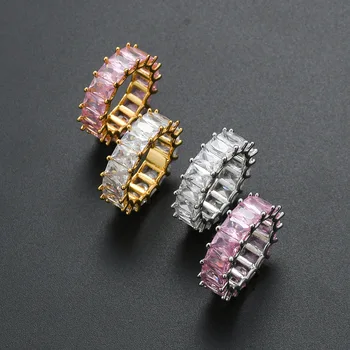 

New Design Gold Plated Ring Micro Paved Big Pink Zircon Shiny Hip Hop Finger Ring for Men Women