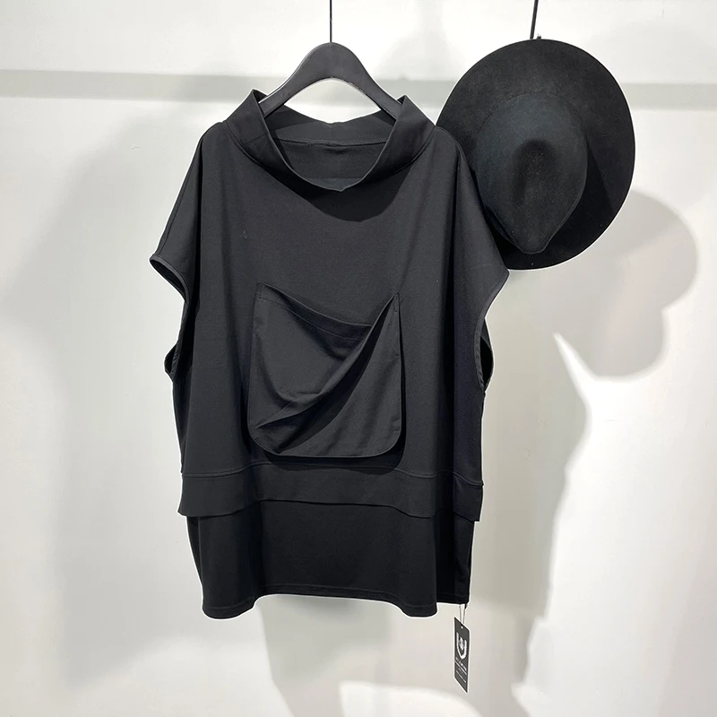 

Футболка мужская с коротким рукавом, модная ассиметричная Свободная рубашка с темным высоким воротником и карманами, лето