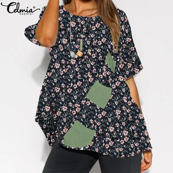 

Celmia 2020 Summer Beach Blouses Women Short Sleeve Shirts Casual Loose Vintage Patchwork Tunic Tops Floral Printed Blusas Mujer
