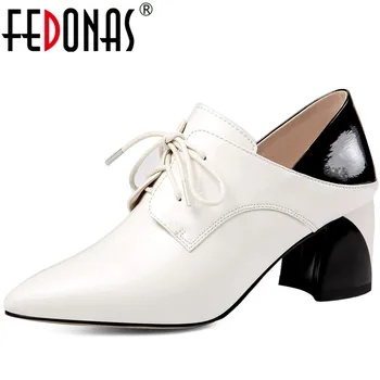 

FEDONAS New Women Prom Wedding Point Toe Pumps Spring Summer Cross-Tied Shoes Genuine Leather Party Thick Heeels Shoes Woman