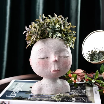 

HOT-Nordic Creative Resin Human Head Vase Art Flower Arrangement Doll Sculpture Flower Pot Potted Plant Home Garden Decor