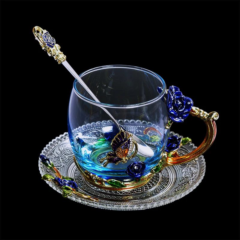 Голубая роза, эмалированная Хрустальная чашка, цветочный чай, стекло высокого качества, стеклянная чашка для воды, кружка в цветочек с рукояткой, идеальный подарок для любимой свадьбы - Цвет: Short With Tray