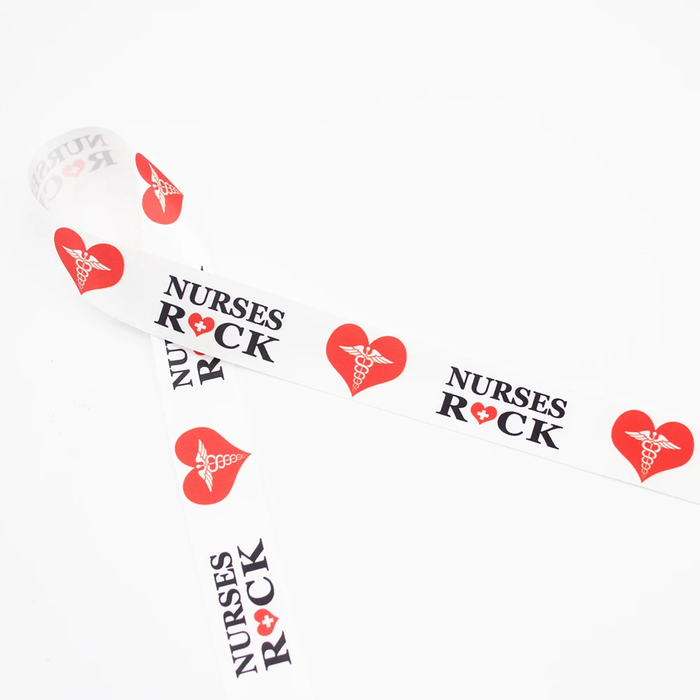 

Nurse Ribbon Medical Theme for Lanyards, Gift Wrap, Quilting, Sewing, Gift Box, Printed on 1" or 1-1/2" White Satin Ribbon