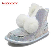 Новые Роскошные Блестящие Зимние сапоги со стразами, теплый плюшевый меховой мячик, бант, без шнуровки, на плоской подошве, удобные, черные, серебристые, шикарные зимние сапоги