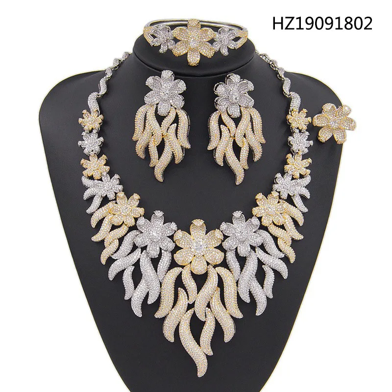 

Yulaili Trendy Luxury Wedding Bridal Jewelery Sets Cubic Zirconia Full Crystal Flower Shape Necklace Earrings Bracelet Ring Set