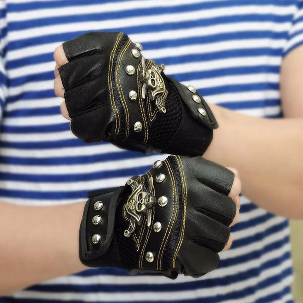 Перчатки без пальцев из искусственной кожи в стиле панк с черепом для вождения мотоцикла байкера для мужчин и женщин, черные перчатки, Красивые перчатки без пальцев из искусственной кожи