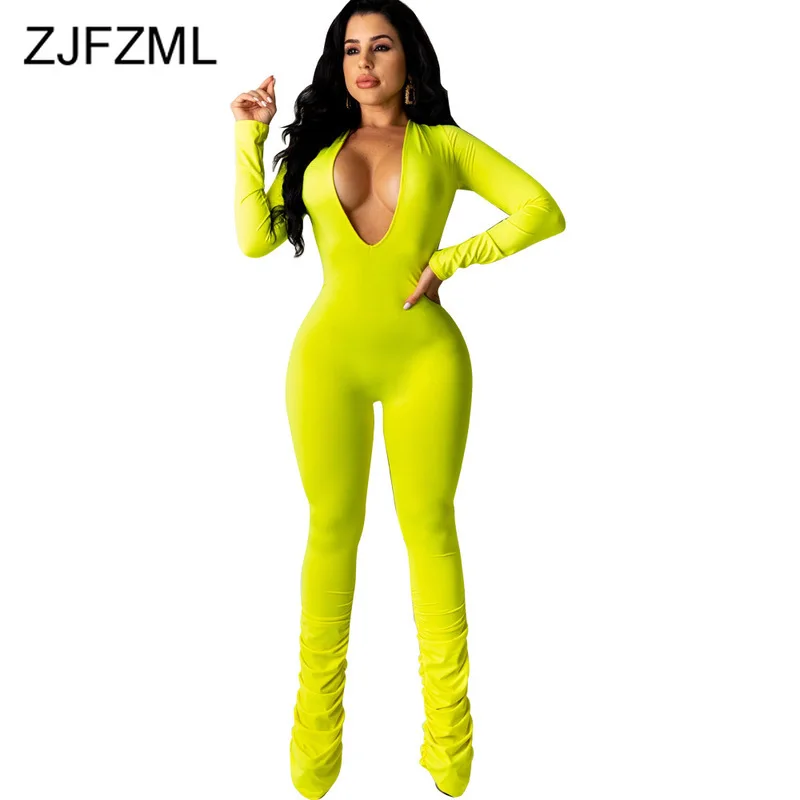 

Deep V Neck Sexy One Piece Romper Women Long Sleeve Neon Solid Bandage Jumpsuits Causal Plus Size Ruched Bodycon Party Bodysuits