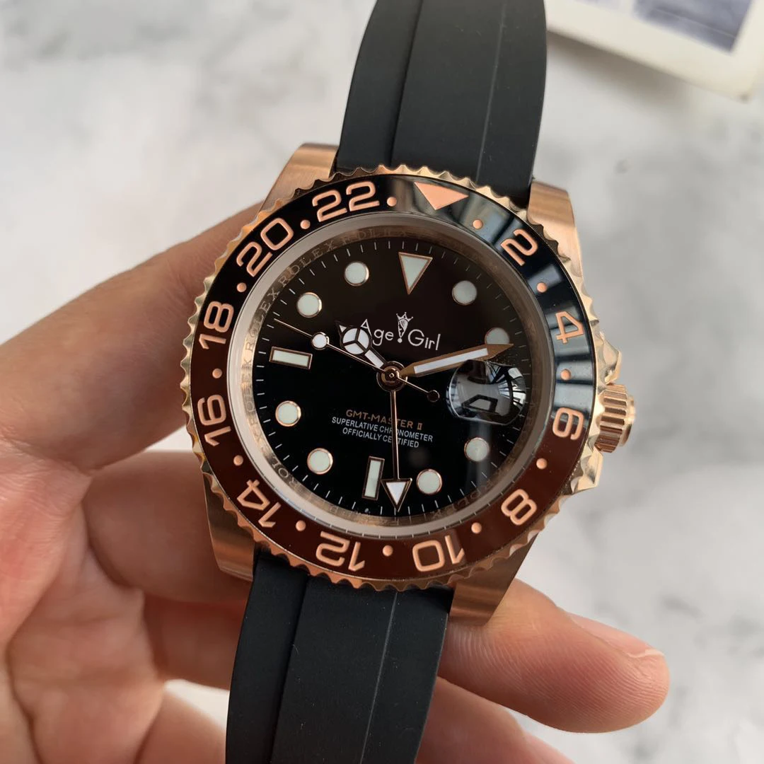 

Famous Brand New Men Automatic Mechanical Watch Rose Gold Red Rubber Black Blue Ceramic Bezel GMT II Stainless Steel Sapphire
