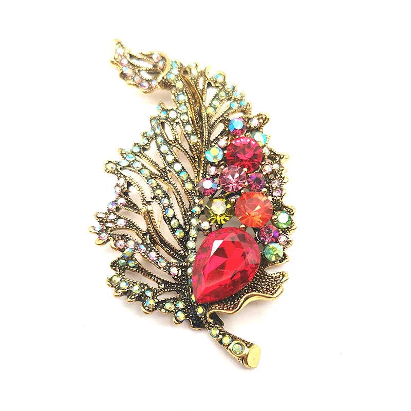 

Korean-style Feather Rhinestone Brooch Water Droplet Crystal Big Gem Leaves Corsage Hat Duffle Coat Accessories Factory