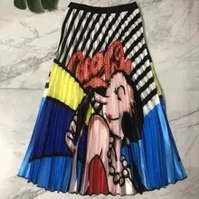Новое поступление весенние женские Мультяшные принтованные элегантные гофрированные длинные юбки с высокой талией Harajuku тюлевые трапециевидные юбки до середины икры