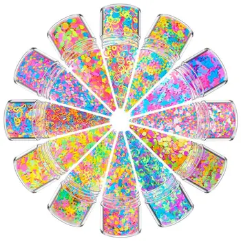 

12bottles/Pack Fluorescent Colorful Sequins Nail Art Glitter Star Flower Resin Fillings For DIY Epoxy Resin Jewelry Making Decor