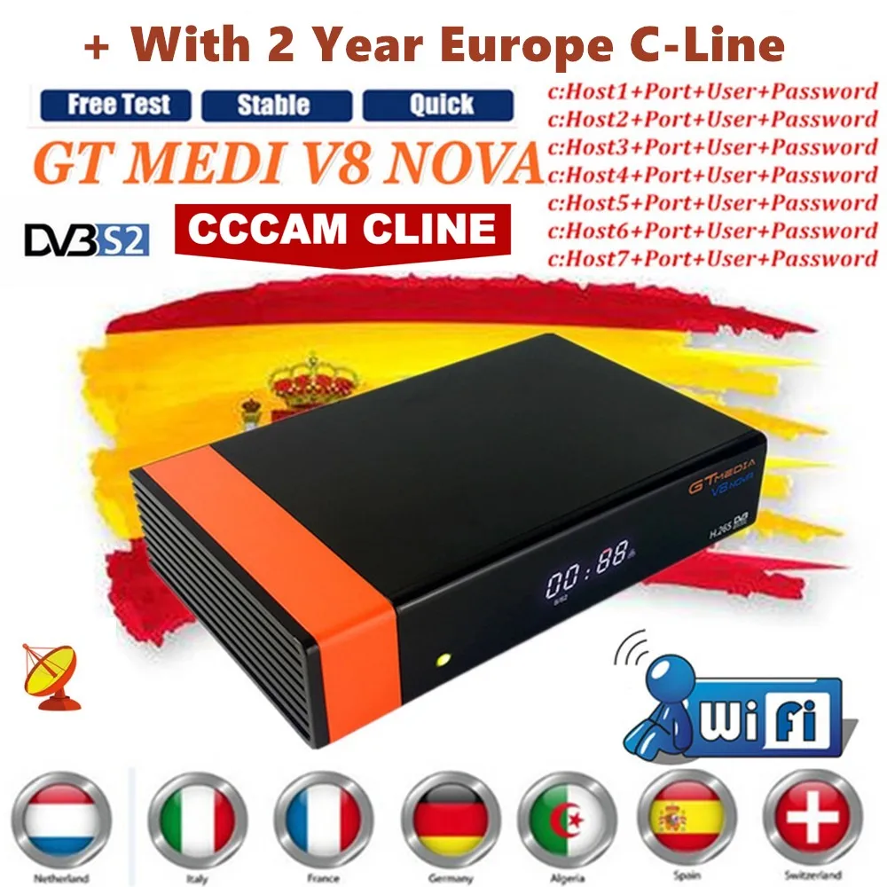 

1080P HD DVB-S2 GTmedia V8 Nova Cccam Cline Satellite TV Receiver Built in WIFI power by Freesat V8 Super+ 2 Years Europe Cline