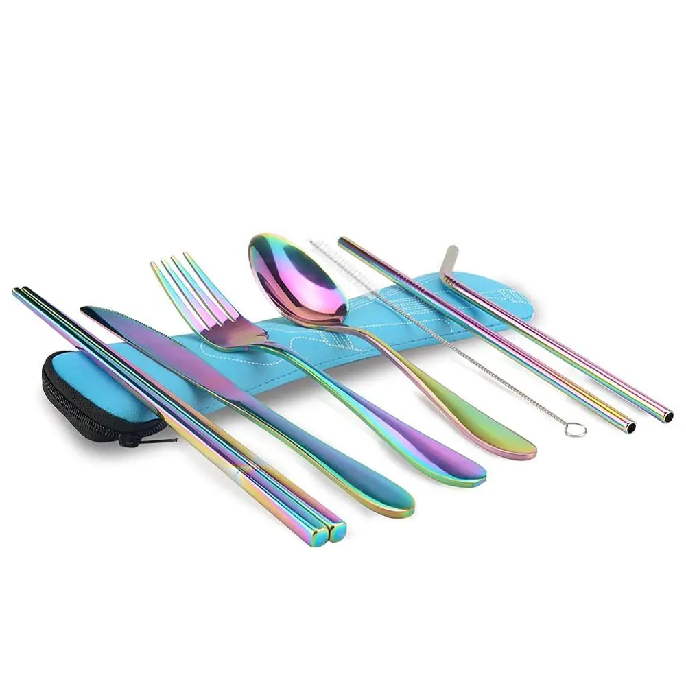 

Dinnerware Set Travel Camping Cutlery Set Reusable Silverware with Metal Straw Spoon Fork Chopsticks and Portable Case