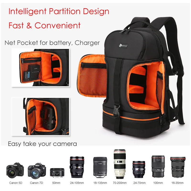 Video Waterproof Camera Shoulders Backpack w Reflector Stripe fit 15.6 inch Latptop Shockproof Soft Padded Tripod Case Photo Bag