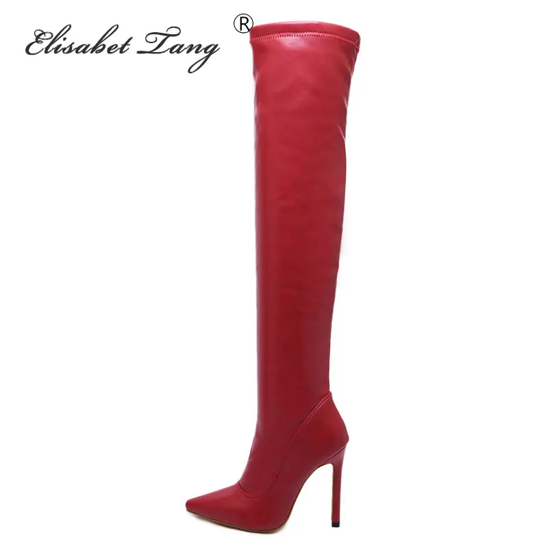 

ElisabetTang Slip On Women's Shoes Autumn Winter Thigh High Boots Sexy Thin High Heels Pointed Toe Over the Knee Boots Black Red