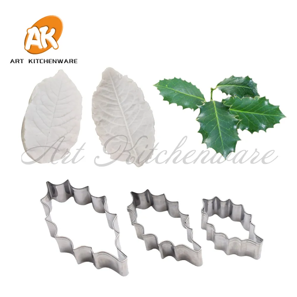 5pcs/set Holly Leaf Silicone Veiner Mold Stainless Steel Cutter DIY