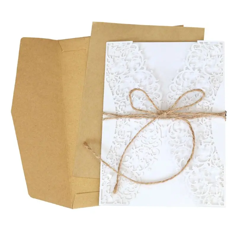  10pcs/set Laser Cut Wedding invitations Cards Lace Burlap Tie Invite Envelopes Kit For Engagement B - 4.00027E+12