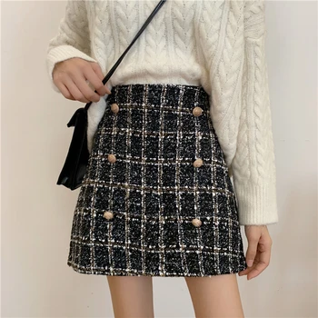 

Leiouna High Street Plaid A-Line Emprire 2020 Fashion Korean Tweed Short Mini Black Knitted Skirt School Female Skirts Womens